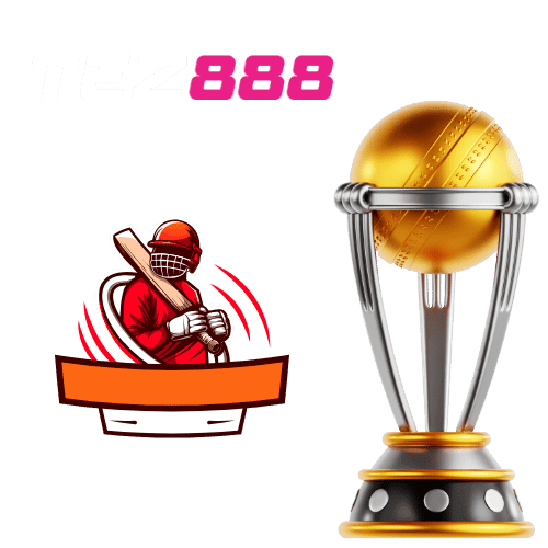 Cricket player resting bat on shoulder beside large trophy representing cricket tournaments on Tez888