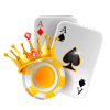 Two playing cards with a coin featuring a crown symbolizing royal casino gaming on Tez888