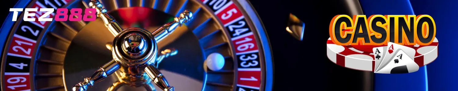 Roulette wheel with playing cards in the background representing classic casino games on Tez888