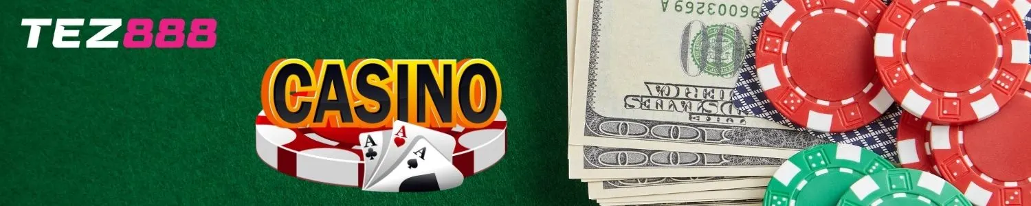 Green background with playing coin, dollar notes, and chips representing online betting and winnings on Tez888