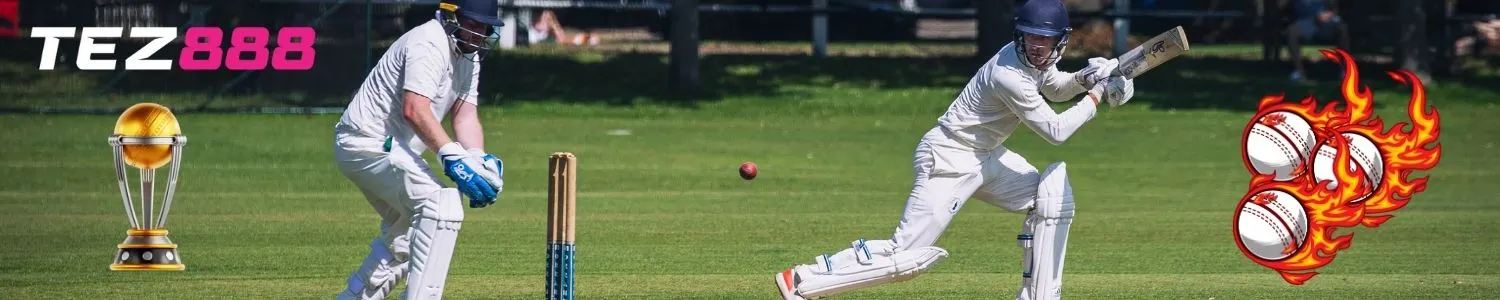 Two cricket players in action on the field with a trophy on the left, highlighting live cricket betting on Tez888