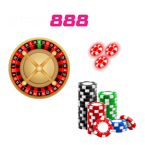 Roulette wheel with playing coins symbolizing live casino gaming on Tez888