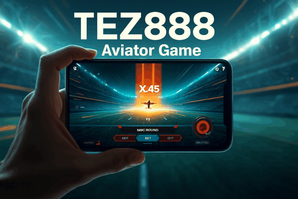### Alt text A person holds a smartphone in landscape showing the TEZ888 Aviator Game: a bright orange jet climbing along a glowing beam with a large "X.45" multiplier above, highlighted "BET" button and on‑screen controls, set against a blurred, stadium‑style background with teal and orange lighting.