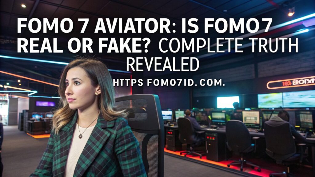 Beautiful woman in a futuristic gaming environment with RGB lights and gaming monitors showing Fomo7 Aviator gameplay, symbolizing the truth behind whether Fomo7 is real or fake.