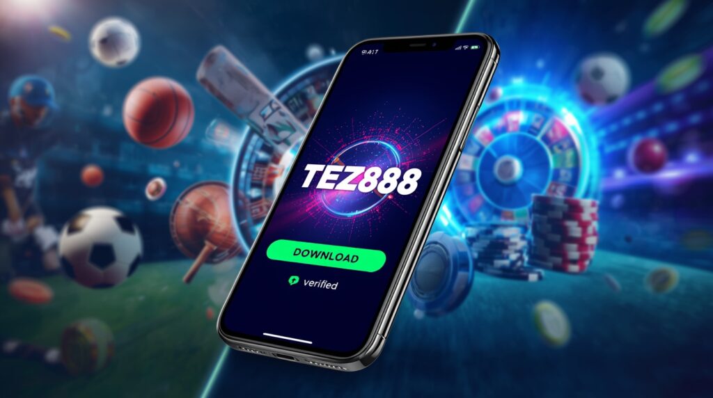 ### Alt text
Smartphone showing Tez888 app home screen with glowing Download button and verified badge; left sports imagery (soccer, cricket, basketball) and right casino elements (roulette, chips); deep navy and electric blue palette.