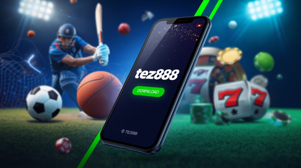 ### Alt text Smartphone showing Tez888 app home screen with glowing Download button and verified badge; left sports imagery (soccer, cricket, basketball) and right casino elements (roulette, chips); deep navy and electric blue palette.