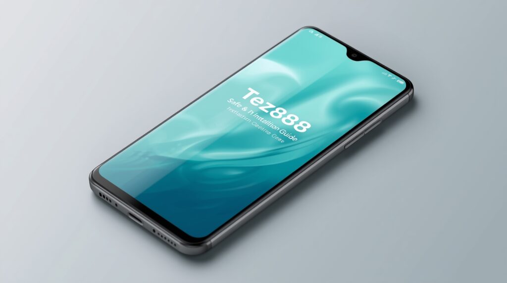 Smartphone showing Tez888 APK install screen with overlay text "Safe & Fast Installation Guide" on a soft teal gradient background.