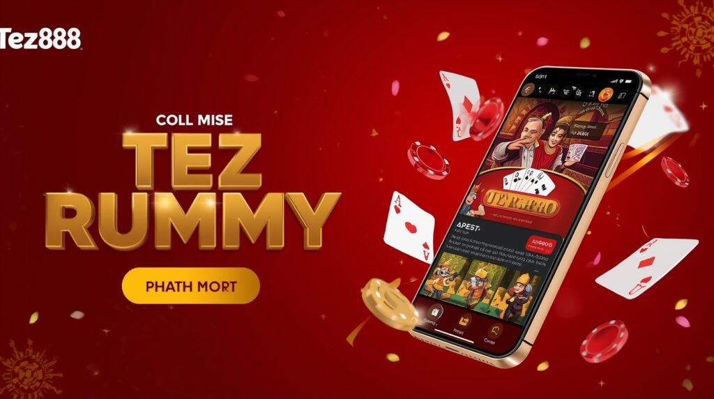 "Promotional banner for Tez888 showing Tez Rummy gameplay on a smartphone, playing cards, gold-red branding, and a visible Lotus-style logo with a bold download call-to-action."