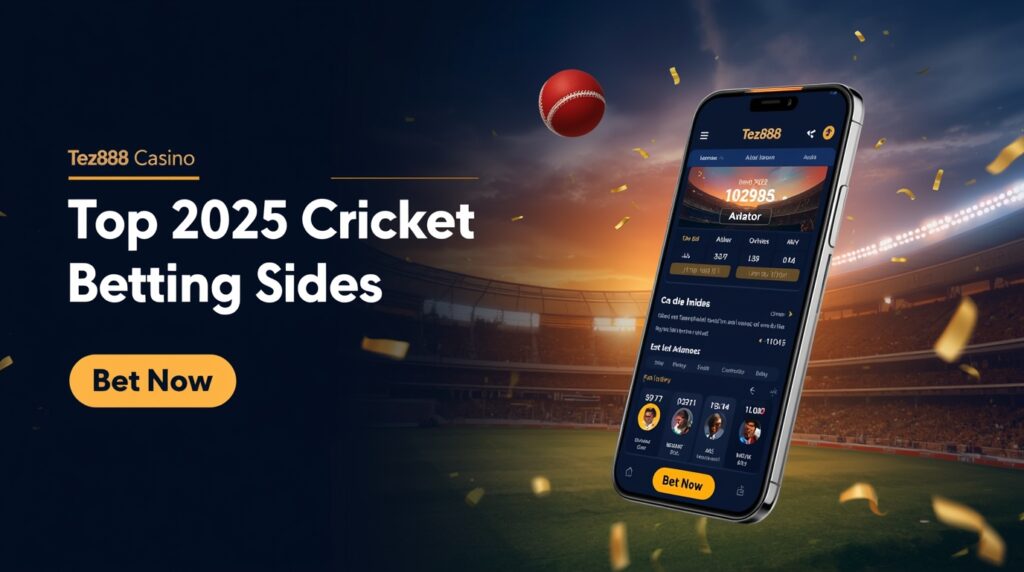 Tez888 Casino hero image: realistic smartphone mockup showing Aviator round and live cricket odds UI with a highlighted Bet Now button, cinematic stadium at sunset with floodlights and packed stands, flying cricket ball and gold confetti accents, deep navy and orange color scheme.