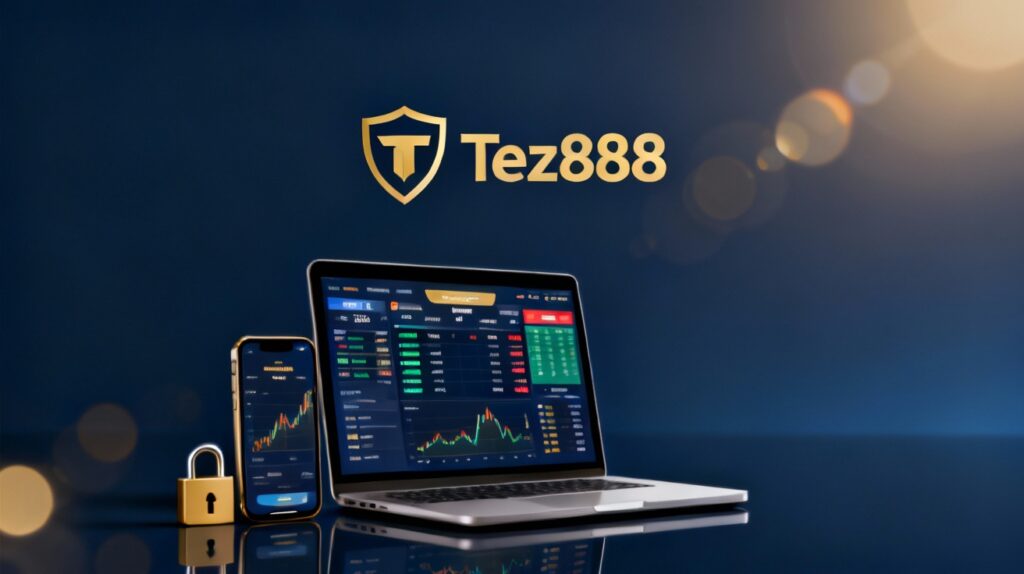 Tez888 promotional banner: centered logo placeholder above a smartphone and laptop screen showing a live betting dashboard with odds, charts, quick‑bet buttons, and a subtle padlock/shield symbol to emphasize app security and trustworthy transactions.