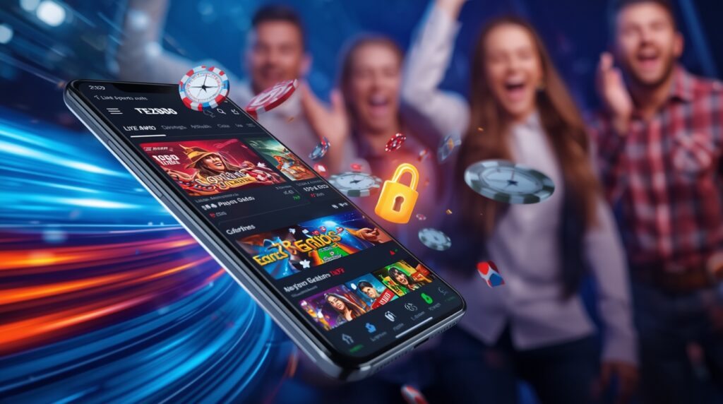Tez888 app on a smartphone screen showing live sports odds and casino thumbnails, with floating chips and a glowing padlock for security.